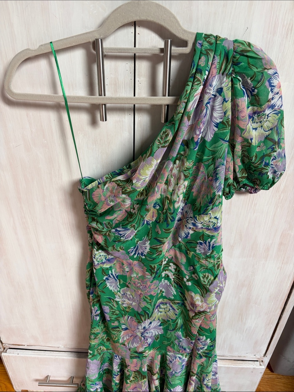 Astr Floral One-Shoulder Green Dress